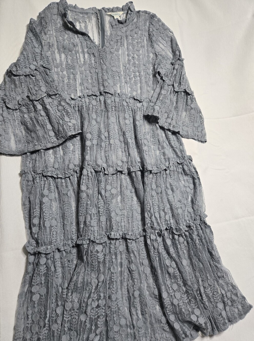 sundance Ellery Midi Tiered Blue Gray Lace 3/4 Sleeves Zip Dress No Slip sz L
